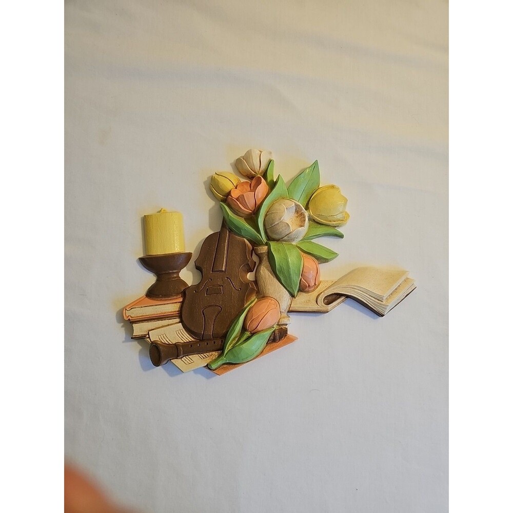 Vintage Dart Industries Violin Tulips Books Candle Plastic Molded Wall Hanging